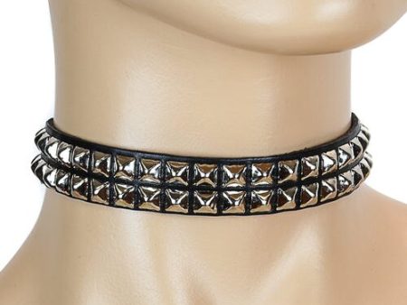 2 Row Pyramid Stud Leather Choker For Cheap