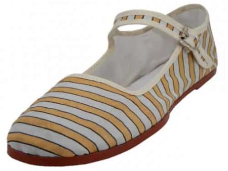 Yellow Stripe Cotton Mary Jane Shoes Discount