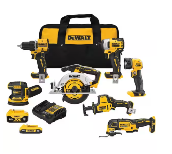 DEWALT 20-Volt MAX Lithium-Ion Cordless 7-Tool Combo Kit with 2.0 Ah Battery, 5.0 Ah Battery and Charger Supply