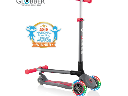 Globber Primo Foldable Lights Scooter with Anodized T Bar Grey Red - 432-120-2 (3y+) Sale