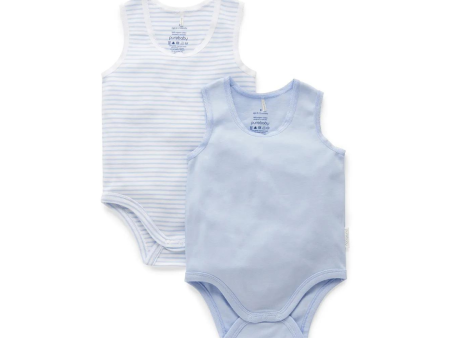 Purebaby 2 Pack Organic RIB  Singlet Bodysuit - Pale Blue Pack on Sale