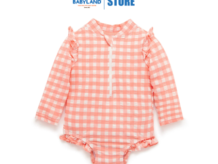 Purebaby Organic Baby Kids Frilly Long Sleeve Swimsuit Coral Gingham For Sale