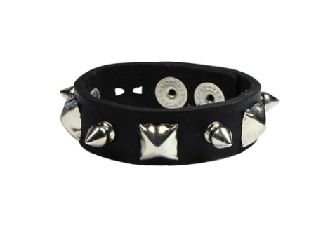 Single Row Pyramid and Spike Studded Wristband For Sale