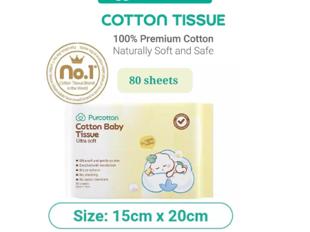 Purcotton 100% Cotton Baby Tissue Ultra Soft 80 Sheets 15X20cm Online Sale