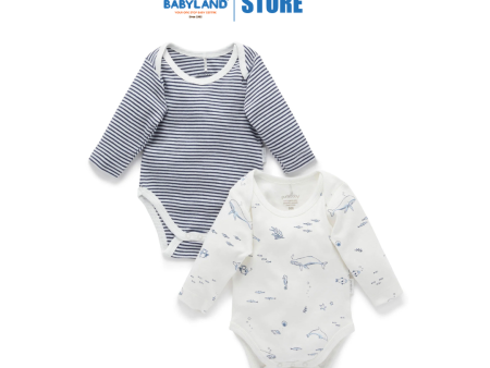 Purebaby 2 Pack Organic Easy Neck Long Sleeve Bodysuit - Vanilla Nautical Print Supply