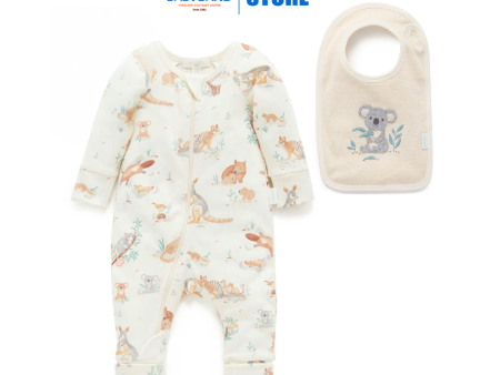 Purebaby Organic Bush Babies 2 Pack Zip Growsuit & Reversible Bib  Online now