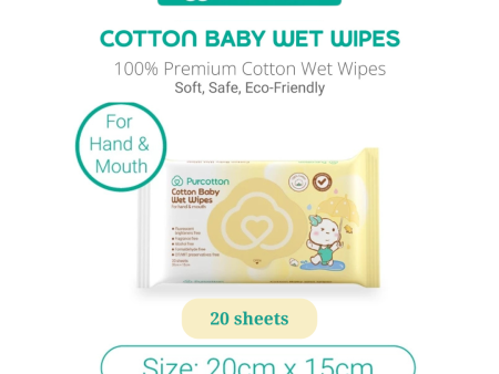 Purcotton Cotton Baby Wet Wipes 20 sheet (20x15cm) For Sale