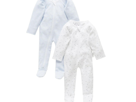 Purebaby Organic 2 Pack  Zip Growsuit -  Pale Blue set (polka dot and stripe) Cheap