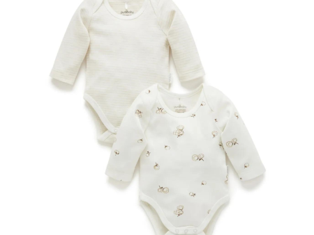 Purebaby 2 Pack Organic Baby Easy Neck Long Sleeve Bodysuit - Vanilla Cottonbud Online now