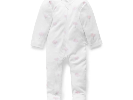 Purebaby Organic Zip Growsuit - Pale Pink Tree Print Fashion