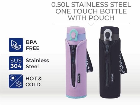 Peacock 500ml Stainless Steel One Touch Bottle with Pouch For Sale